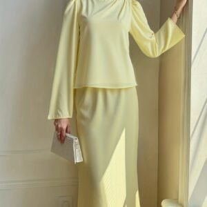 b938217b-0f1b-4b30-b30f-3fff00d76fe9.jpg Yellow Satin Draped Two-Piece Set