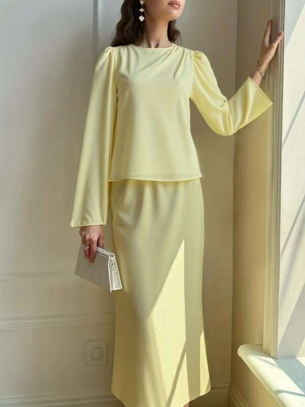 b938217b-0f1b-4b30-b30f-3fff00d76fe9.jpg Yellow Satin Draped Two-Piece Set